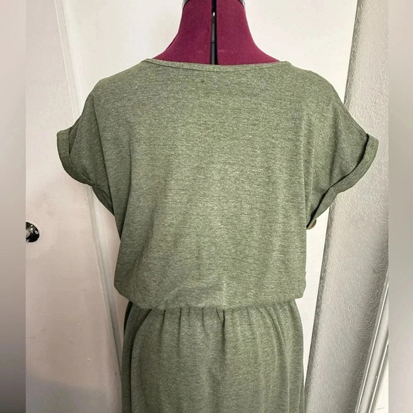 Womens OLIVE GREEN HEATHERED MAXI DRESS Side Slits POCKETS Elastic Waist - Picture 3 of 11